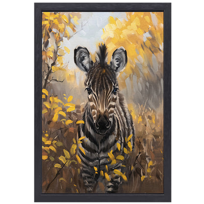 Surrealistische zebra in herfstachtige omgeving canvas met baklijst