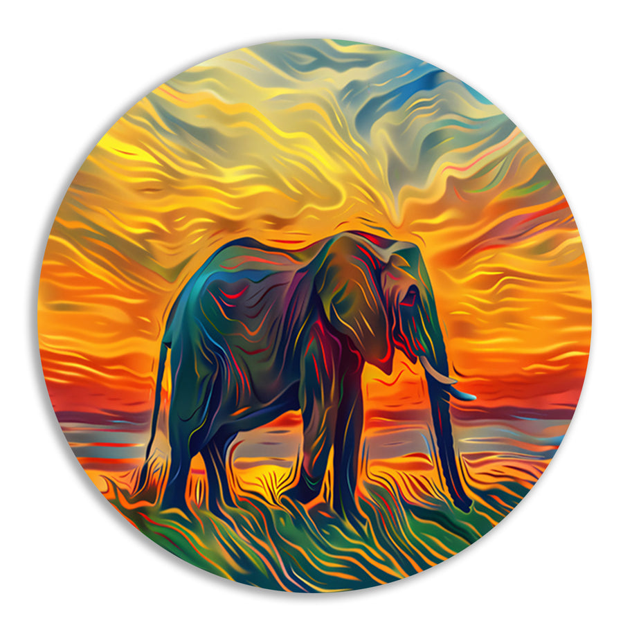 Abstracte olifant met zonsondergang aluminium muurcirkel