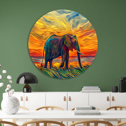 Abstracte olifant met zonsondergang aluminium muurcirkel