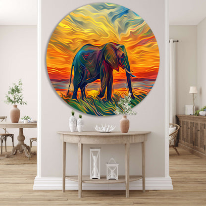 Abstracte olifant met zonsondergang aluminium muurcirkel