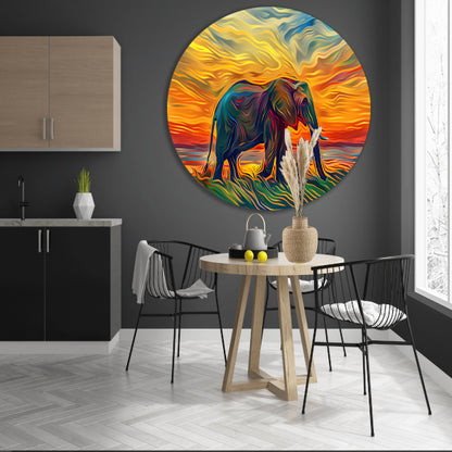 Abstracte olifant met zonsondergang aluminium muurcirkel