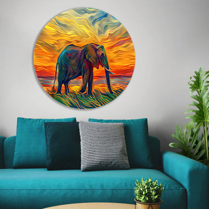 Abstracte olifant met zonsondergang aluminium muurcirkel