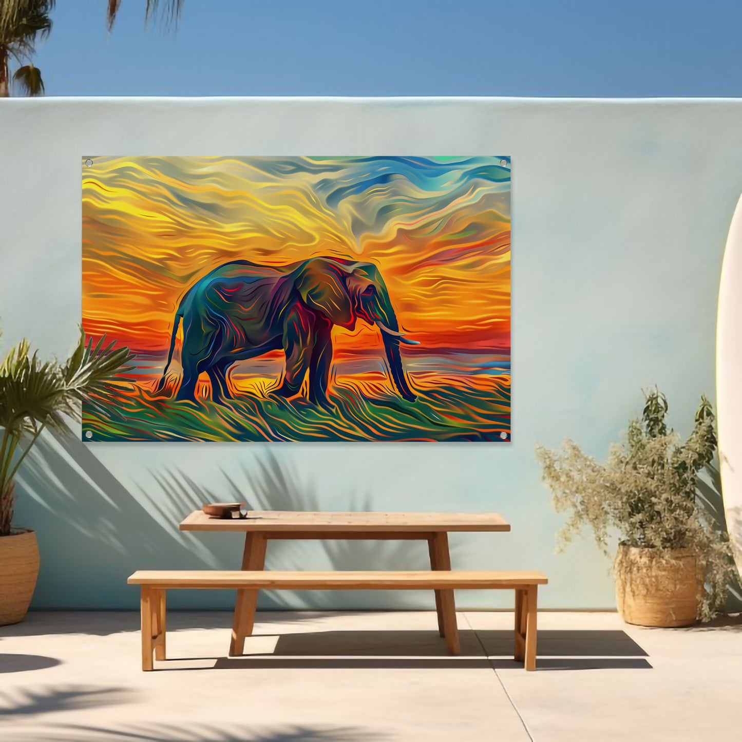Abstracte olifant met zonsondergang tuinposter