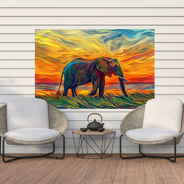 Abstracte olifant met zonsondergang tuinposter