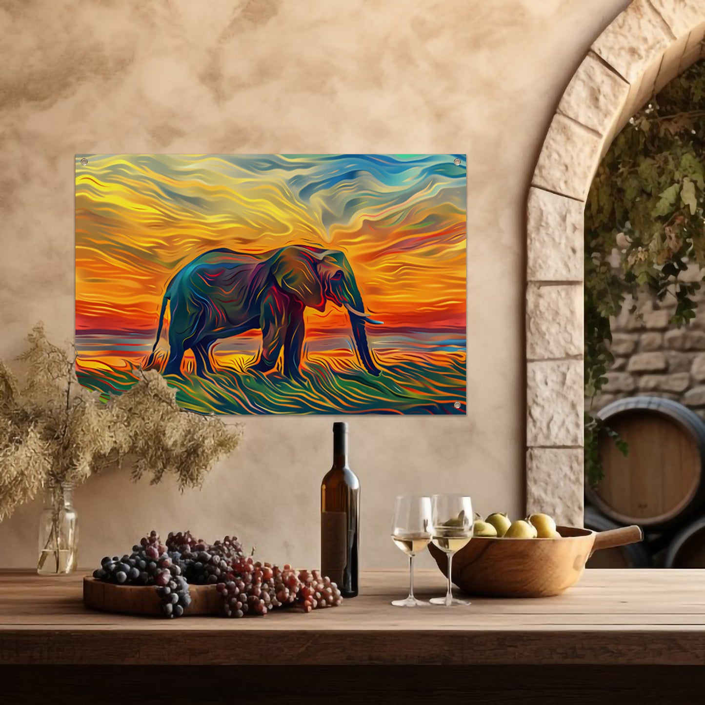 Abstracte olifant met zonsondergang tuinposter