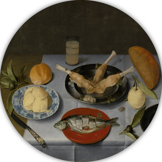 Stilleven van haring, vlees, vruchten, boter en brood - Jacob van Hulsdonck aluminium muurcirkel