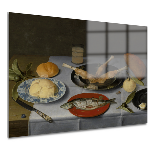 Stilleven van haring, vlees, vruchten, boter en brood - Jacob van Hulsdonck acrylglas