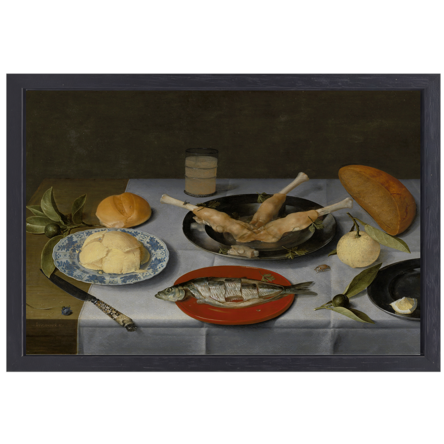 Stilleven van haring, vlees, vruchten, boter en brood - Jacob van Hulsdonck canvas met baklijst