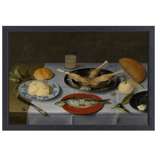 Stilleven van haring, vlees, vruchten, boter en brood - Jacob van Hulsdonck canvas met baklijst