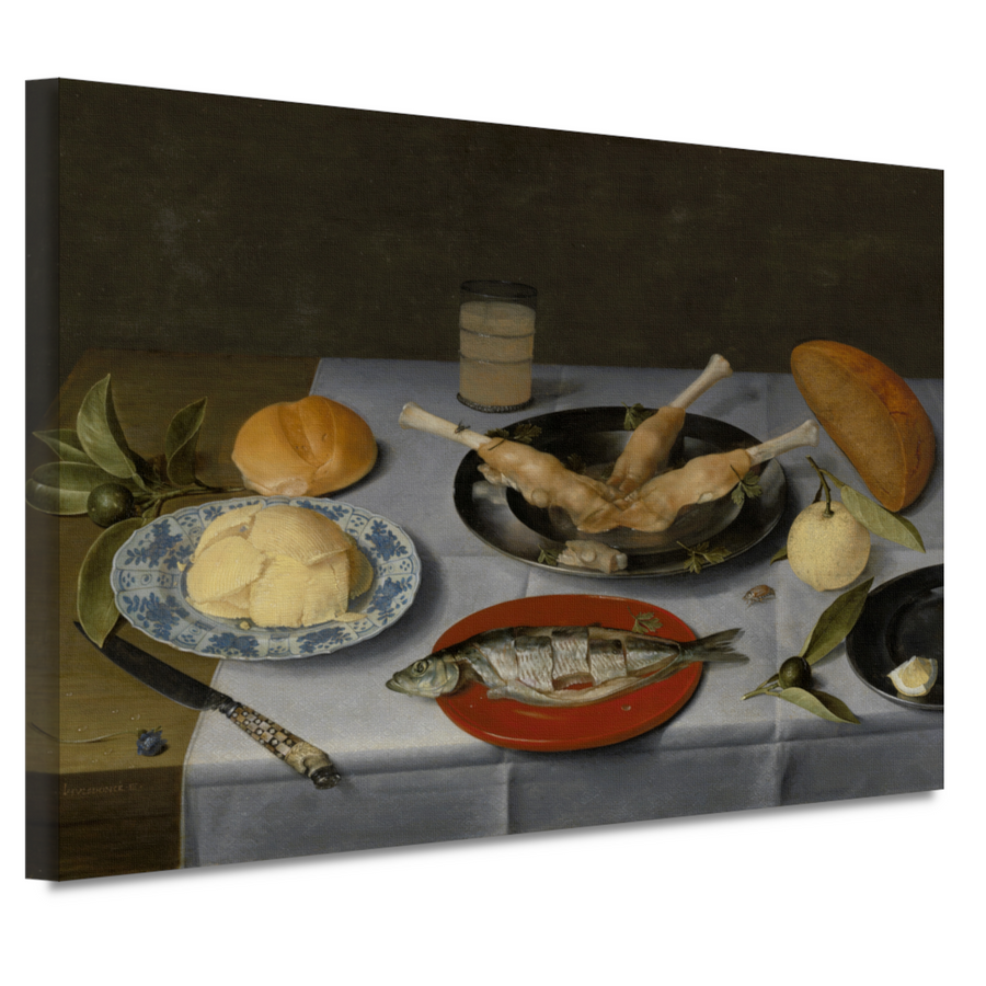 Stilleven van haring, vlees, vruchten, boter en brood - Jacob van Hulsdonck canvas
