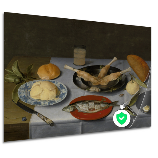 Stilleven van haring, vlees, vruchten, boter en brood - Jacob van Hulsdonck poster