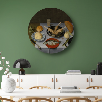 Stilleven van haring, vlees, vruchten, boter en brood - Jacob van Hulsdonck aluminium muurcirkel