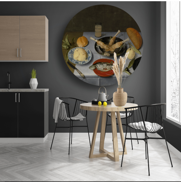 Stilleven van haring, vlees, vruchten, boter en brood - Jacob van Hulsdonck aluminium muurcirkel