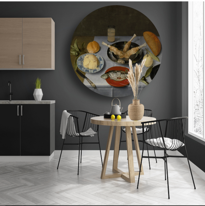 Stilleven van haring, vlees, vruchten, boter en brood - Jacob van Hulsdonck aluminium muurcirkel