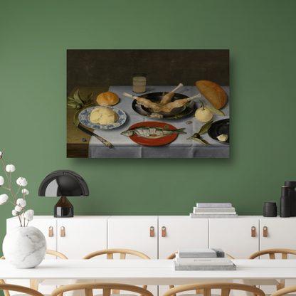 Stilleven van haring, vlees, vruchten, boter en brood - Jacob van Hulsdonck poster