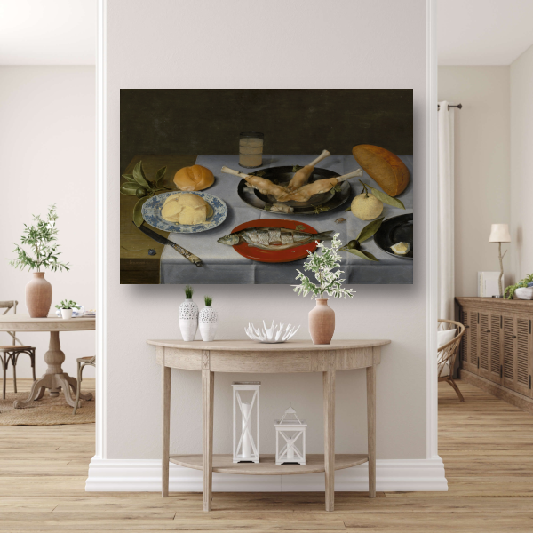 Stilleven van haring, vlees, vruchten, boter en brood - Jacob van Hulsdonck poster