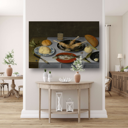 Stilleven van haring, vlees, vruchten, boter en brood - Jacob van Hulsdonck poster