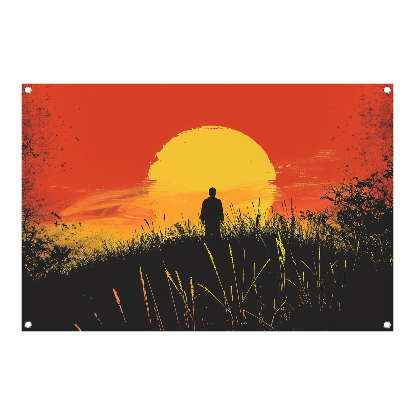 Persoon Contempleert Zonsondergang in Vurig Landschap tuinposter