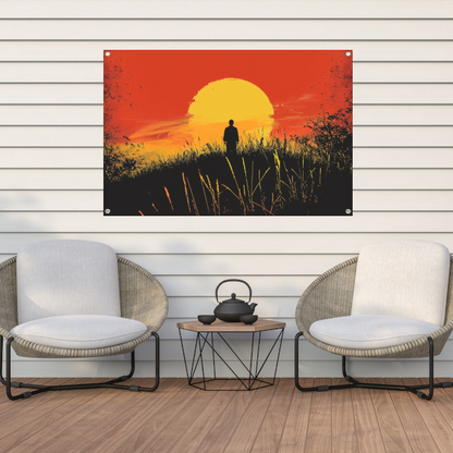 Persoon Contempleert Zonsondergang in Vurig Landschap tuinposter