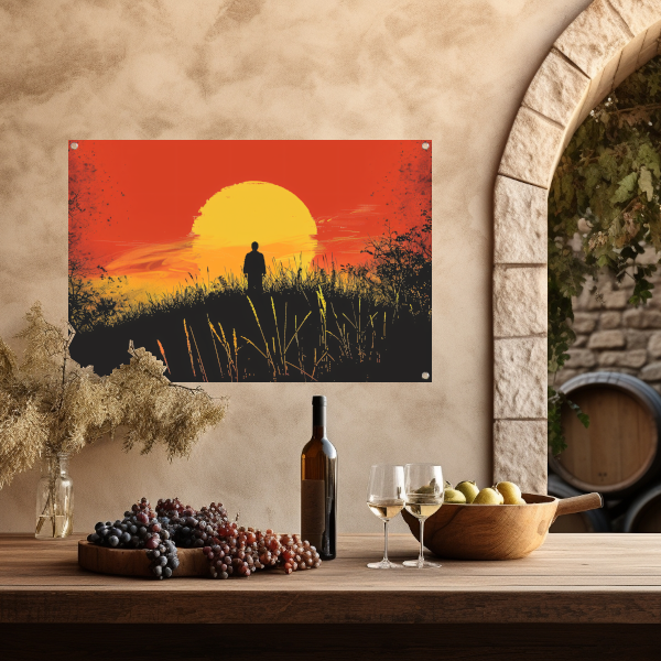 Persoon Contempleert Zonsondergang in Vurig Landschap tuinposter