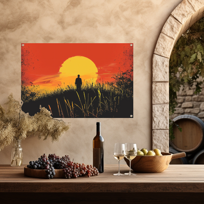 Persoon Contempleert Zonsondergang in Vurig Landschap tuinposter