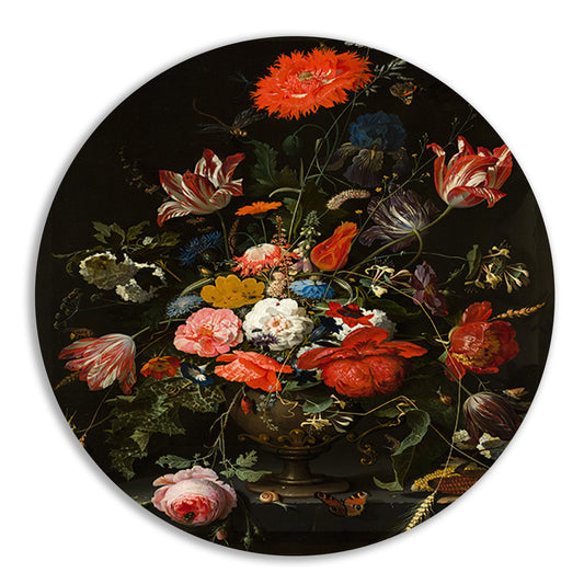 Bloemen in een metalen vaas - Abraham Mignon aluminium muurcirkel