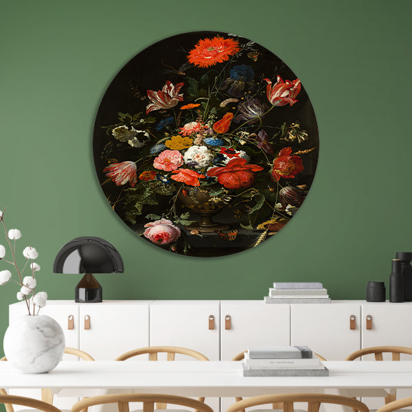 Bloemen in een metalen vaas - Abraham Mignon aluminium muurcirkel