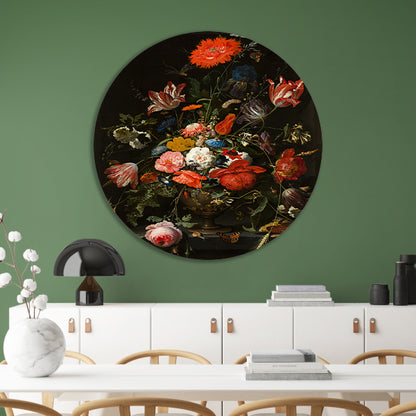 Bloemen in een metalen vaas - Abraham Mignon aluminium muurcirkel