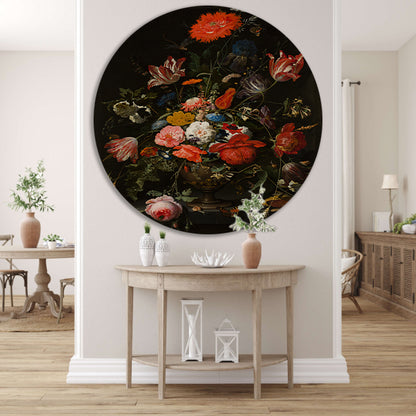 Bloemen in een metalen vaas - Abraham Mignon aluminium muurcirkel