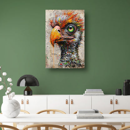 Kleurrijke surrealistische vogel met grote oogdetails canvas met baklijst