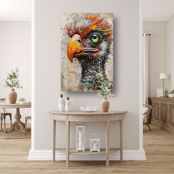 Kleurrijke surrealistische vogel met grote oogdetails canvas met baklijst