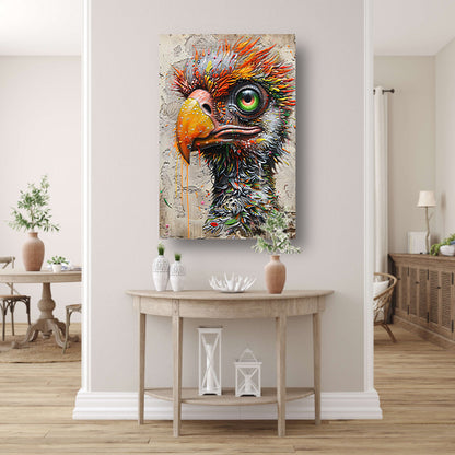Kleurrijke surrealistische vogel met grote oogdetails canvas met baklijst