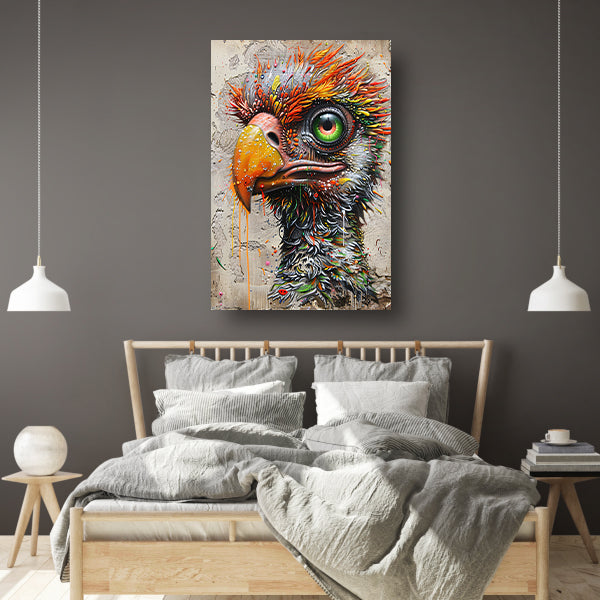 Kleurrijke surrealistische vogel met grote oogdetails canvas met baklijst