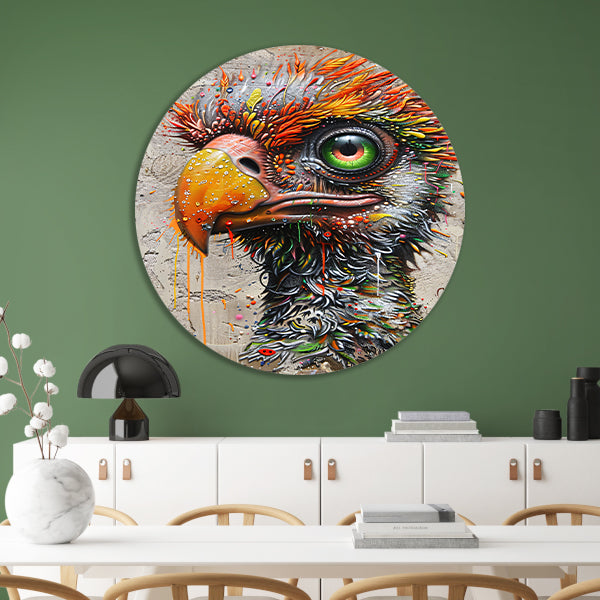 Kleurrijke surrealistische vogel met grote oogdetails aluminium muurcirkel