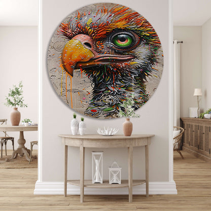 Kleurrijke surrealistische vogel met grote oogdetails aluminium muurcirkel