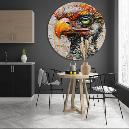 Kleurrijke surrealistische vogel met grote oogdetails aluminium muurcirkel