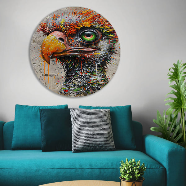Kleurrijke surrealistische vogel met grote oogdetails aluminium muurcirkel