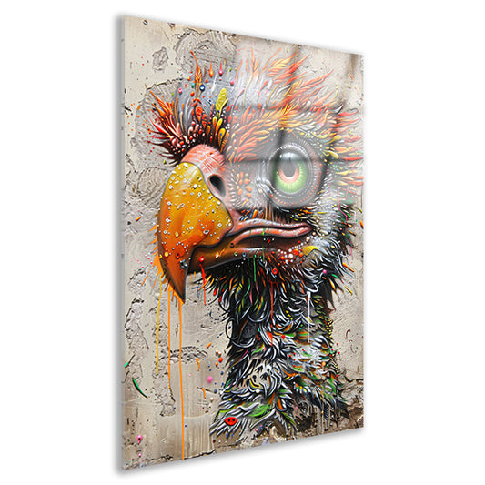 Kleurrijke surrealistische vogel met grote oogdetails acrylglas