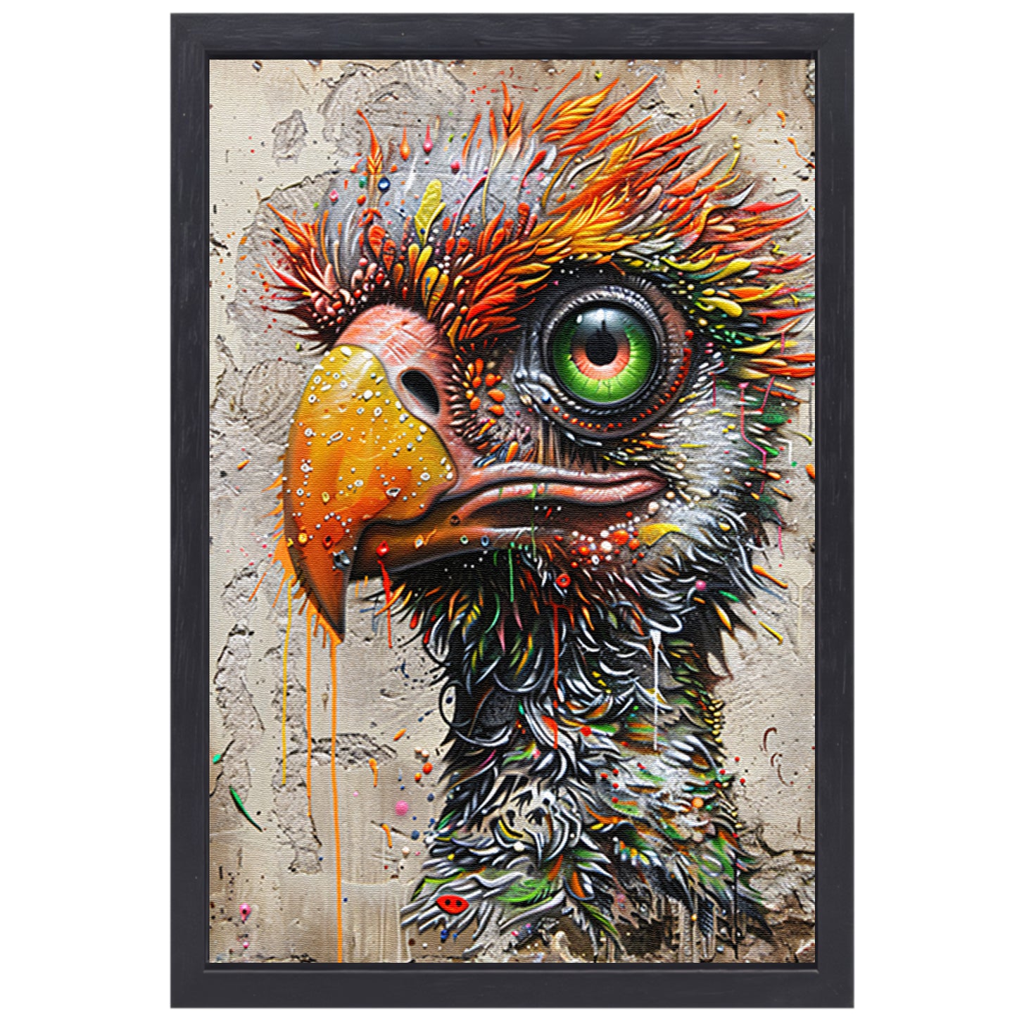 Kleurrijke surrealistische vogel met grote oogdetails canvas met baklijst