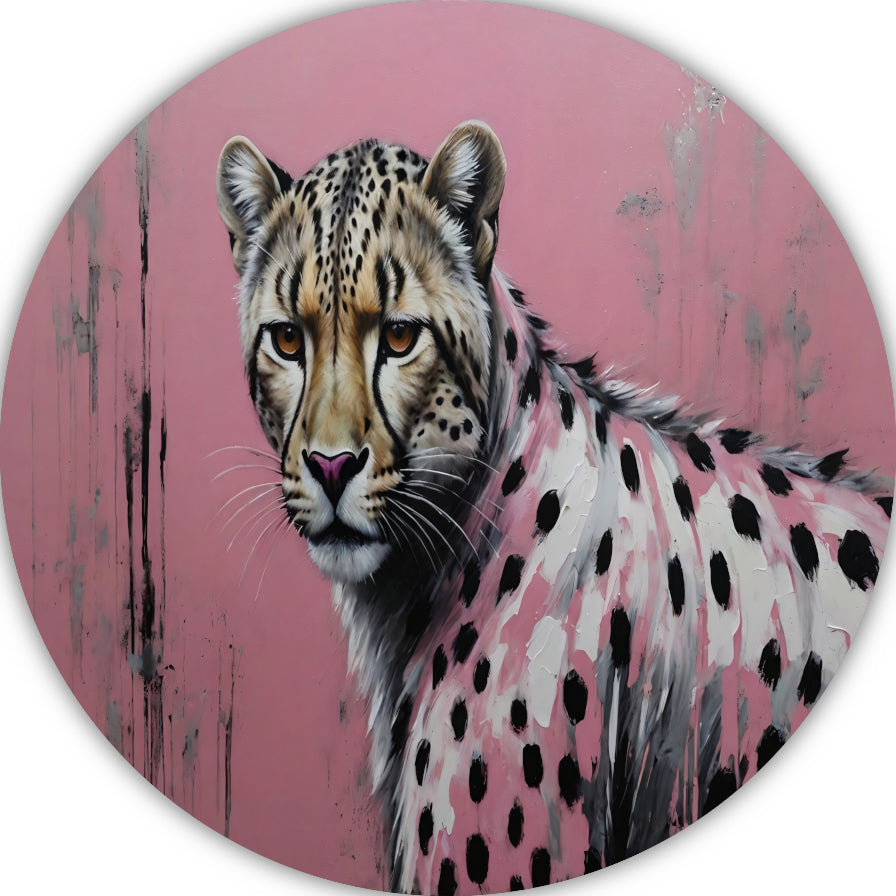 Intens Roze Luipaard in Moderne Kunst aluminium muurcirkel
