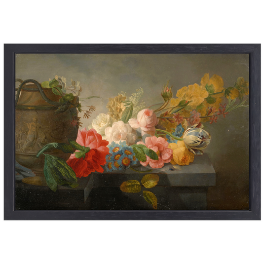 Boeket bloemen op een richel - Pieter Faes canvas met baklijst