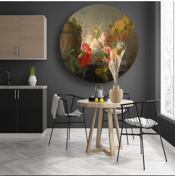 Boeket bloemen op een richel - Pieter Faes aluminium muurcirkel
