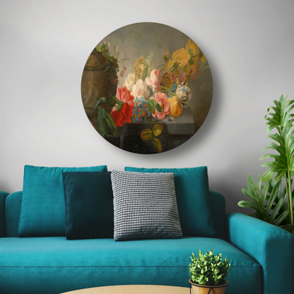 Boeket bloemen op een richel - Pieter Faes aluminium muurcirkel