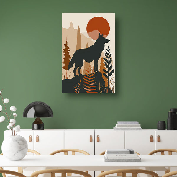 Stilistische wolf met zonsondergang in eenvoudige vormen canvas