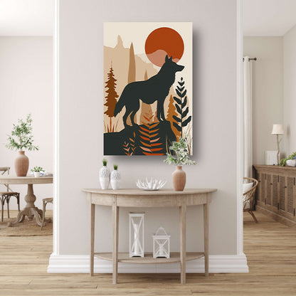 Stilistische wolf met zonsondergang in eenvoudige vormen canvas
