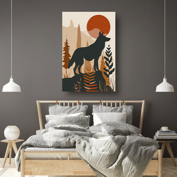 Stilistische wolf met zonsondergang in eenvoudige vormen canvas
