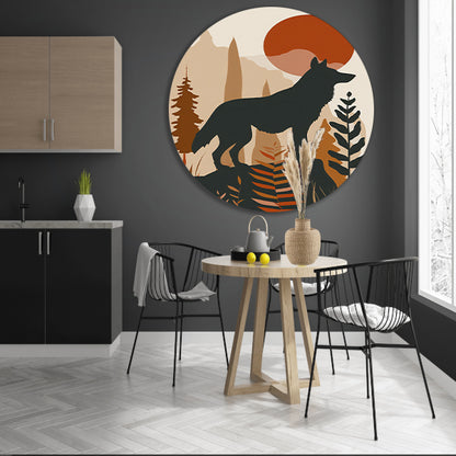 Stilistische wolf met zonsondergang in eenvoudige vormen aluminium muurcirkel