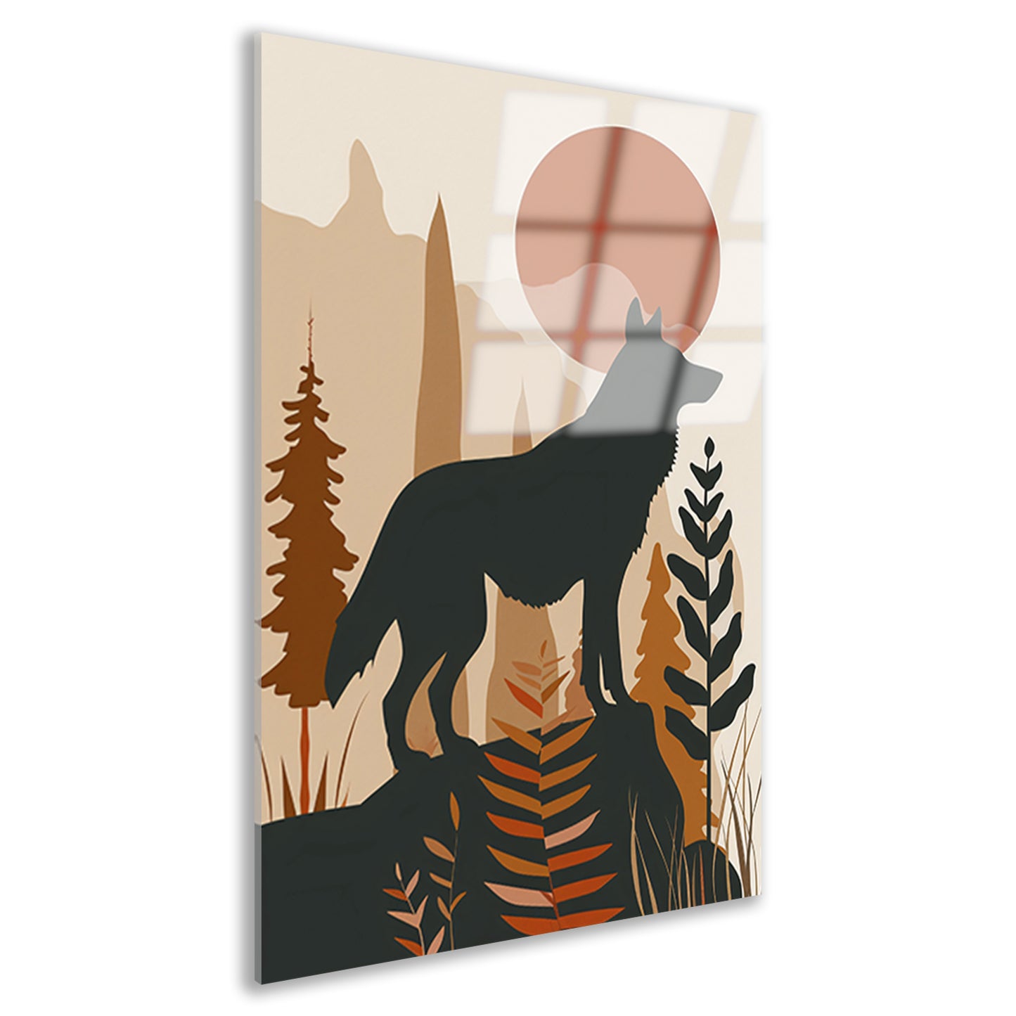 Stilistische wolf met zonsondergang in eenvoudige vormen acrylglas