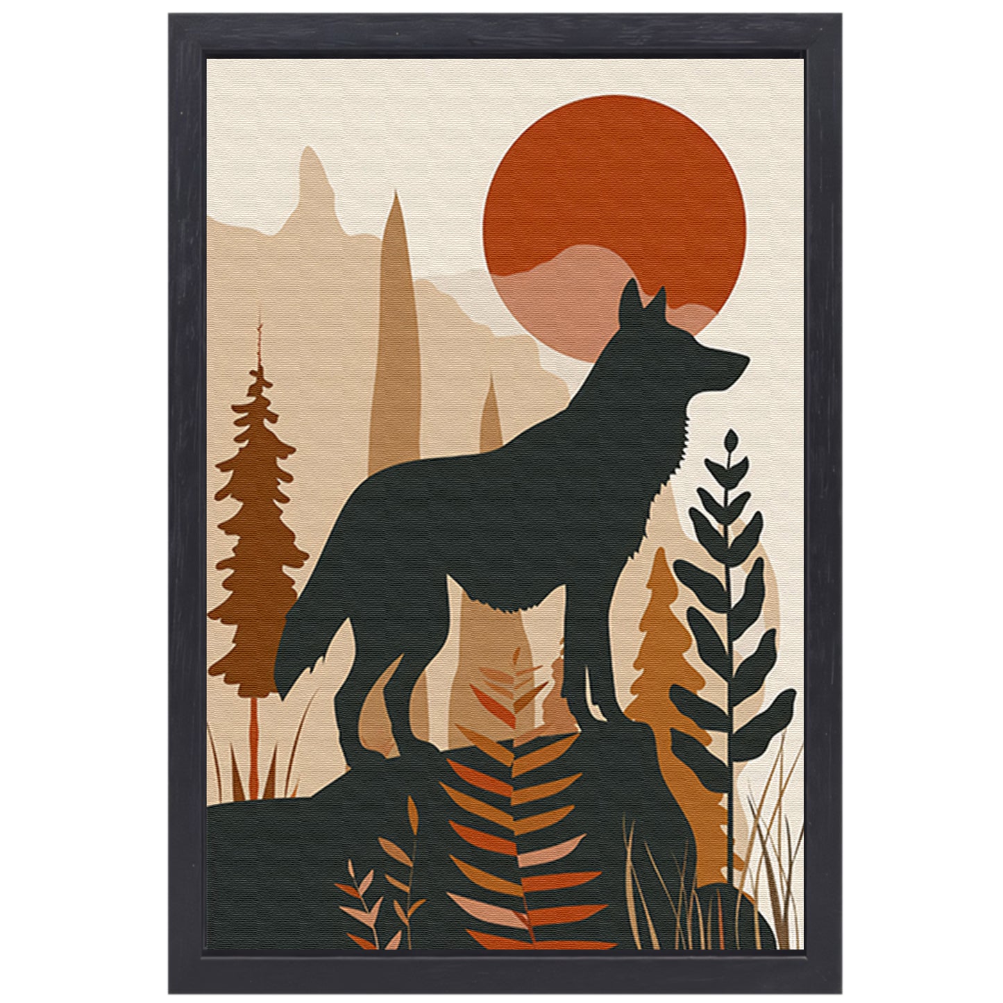 Stilistische wolf met zonsondergang in eenvoudige vormen canvas met baklijst