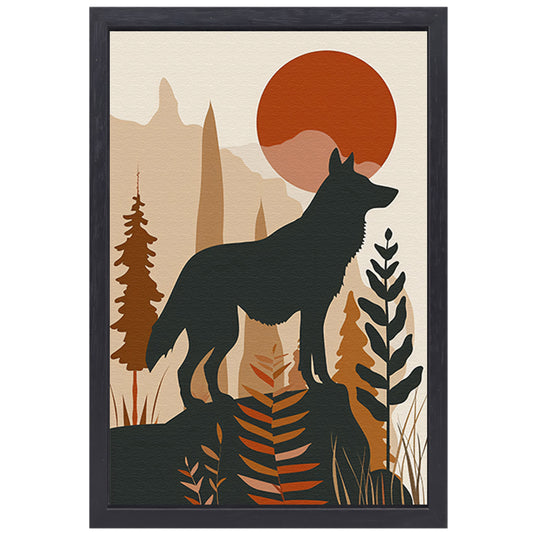 Stilistische wolf met zonsondergang in eenvoudige vormen canvas met baklijst
